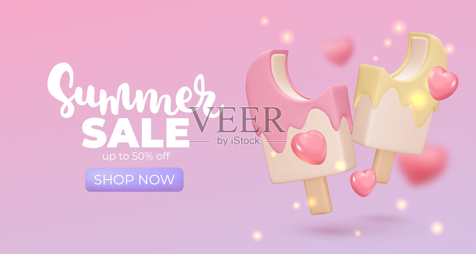 粉色背景上的香草冰淇淋横幅，夏季促销，最高50%折扣，3D渲染。设计元素。逼真的甜食海报。菜单、商店、传单、网站、广告、促销的矢量插图。插画图片素材
