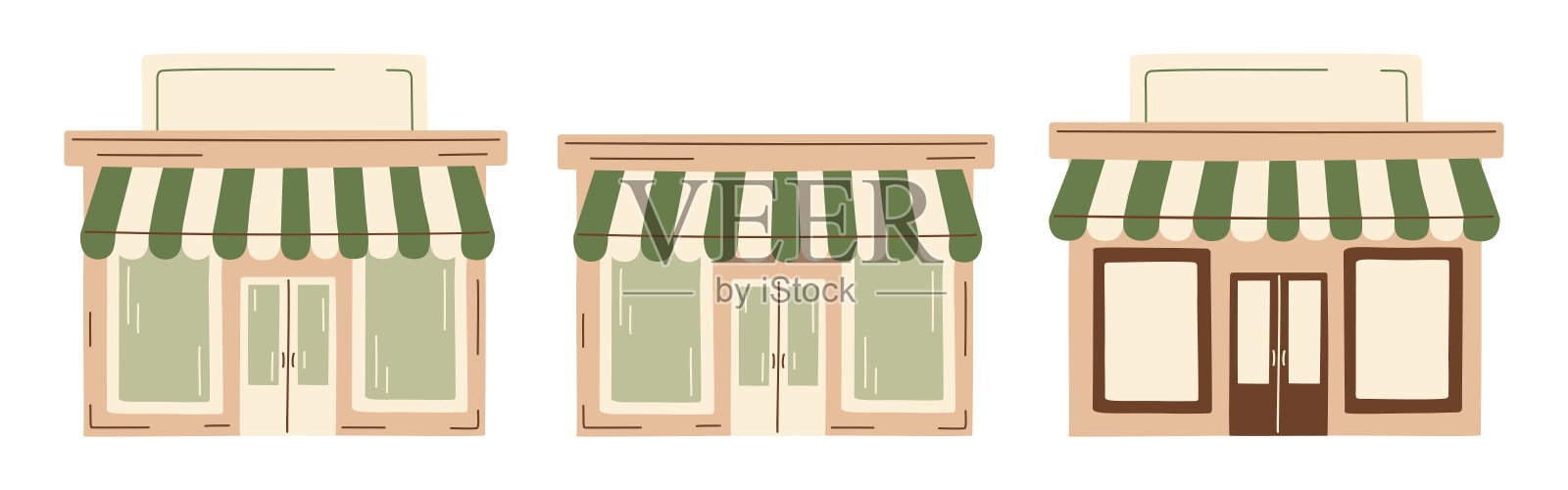 舒适的小面包店、商店、市场、咖啡馆或小镇商店的矢量插图，带有绿色条纹遮阳篷的可爱店面，复古美学。用于地方商业品牌设计的手绘剪贴画。插画图片素材