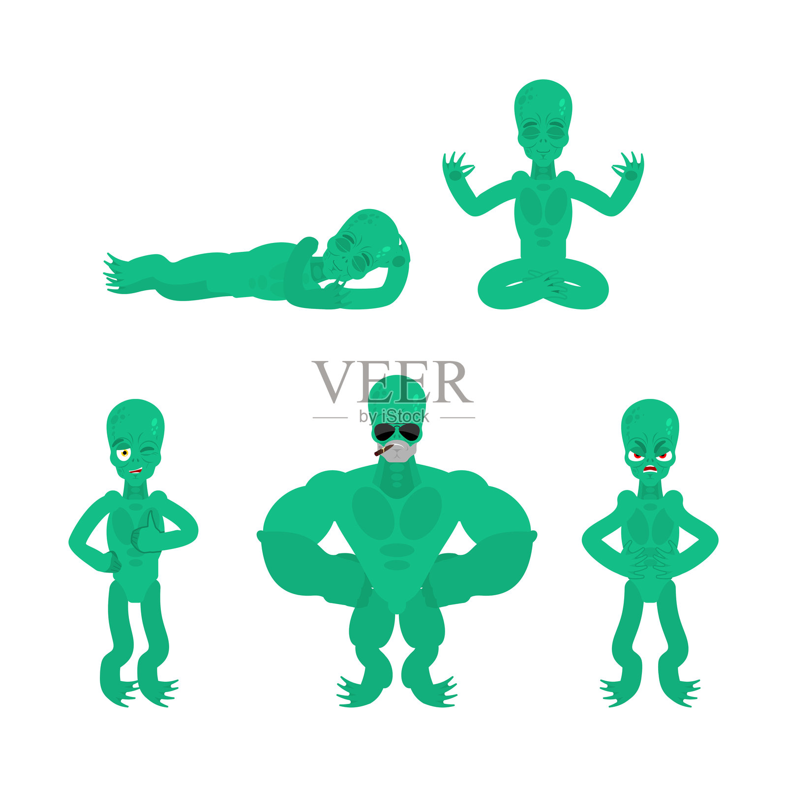 外星人动作集合。UFO 睡觉和生气。绿色太空入侵者惊讶和伤心。插画图片素材