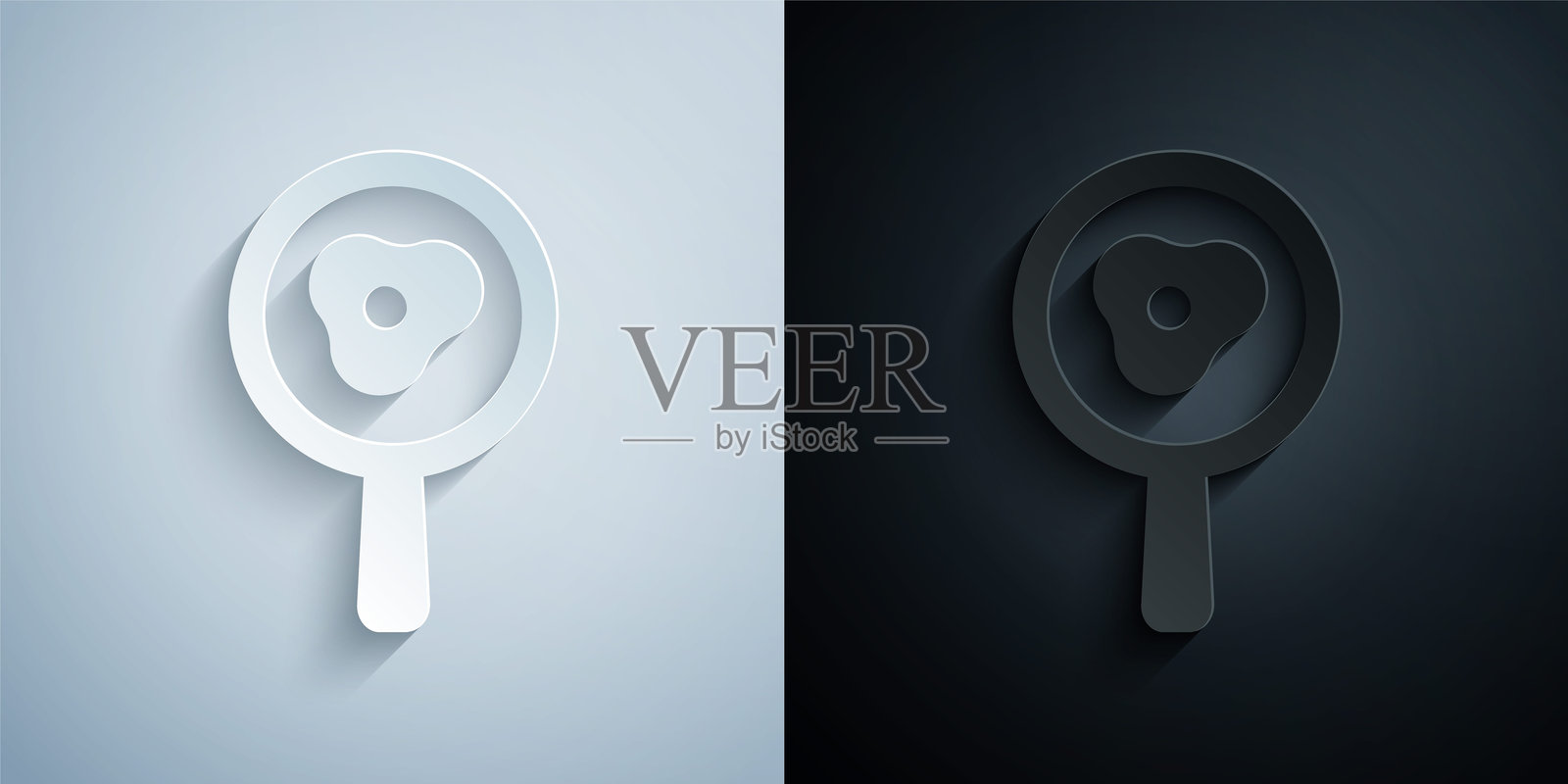 纸艺风格的煎蛋图标，背景为灰色和黑色。煎炸食物的象征。插画图片素材