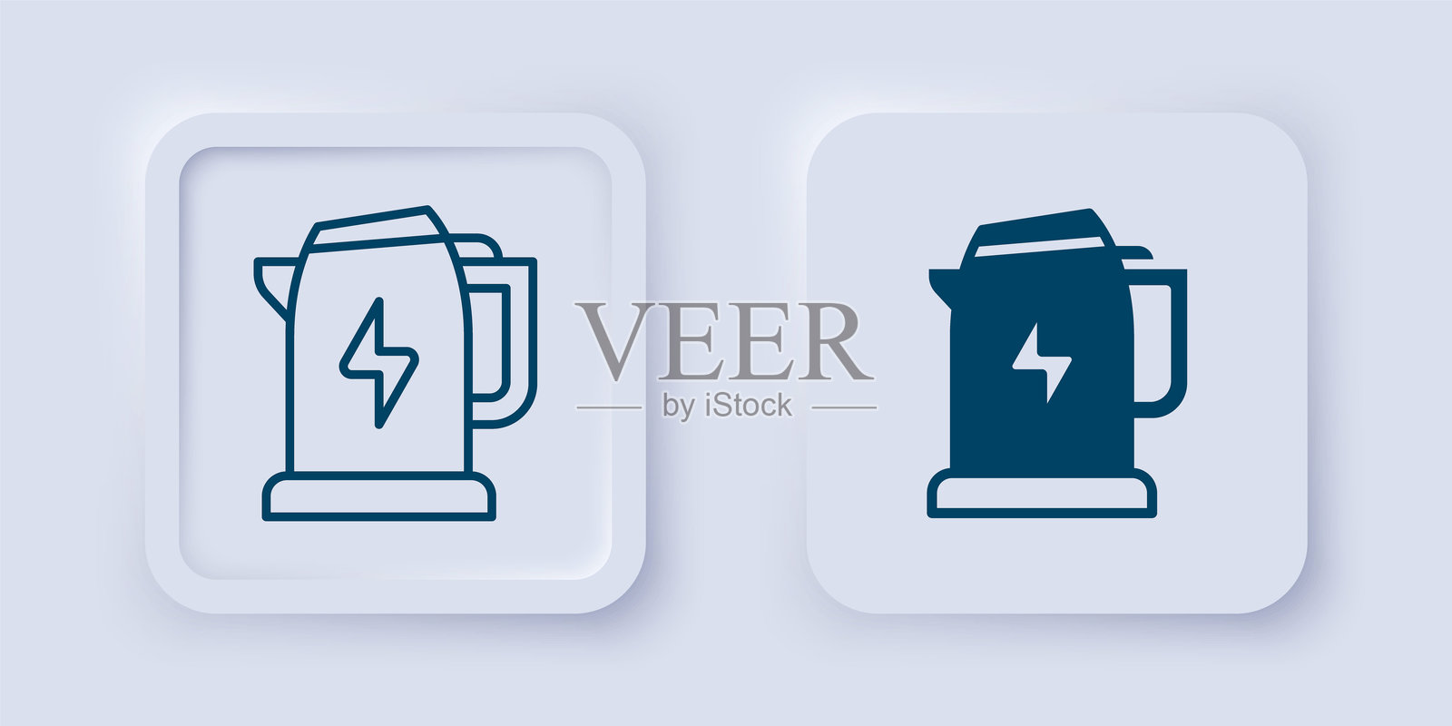 填充和轮廓电热水壶图标，背景为灰色。茶壶图标。方形按钮。矢量图。插画图片素材