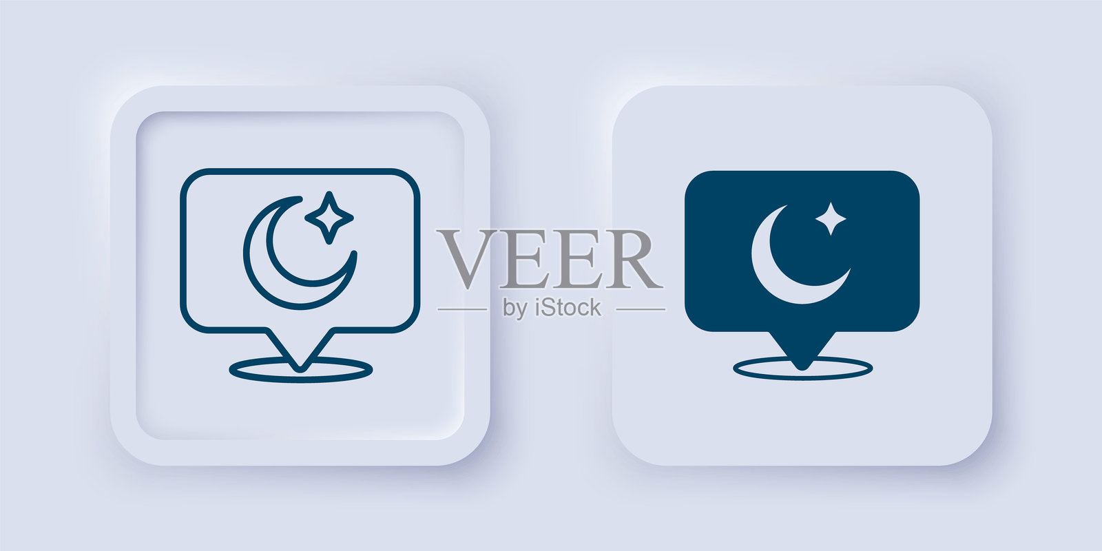 填充和轮廓的月亮与星星图标，背景为灰色。多云的夜晚标志。睡眠梦境符号。满月。夜晚或睡觉时间标志。方形按钮。矢量图。插画图片素材