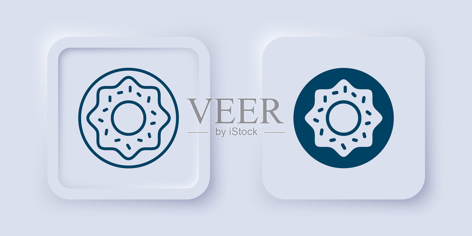 填充和轮廓甜甜圈，带有甜蜜的糖霜图标，背景为灰色。方形按钮。矢量图。插画图片素材