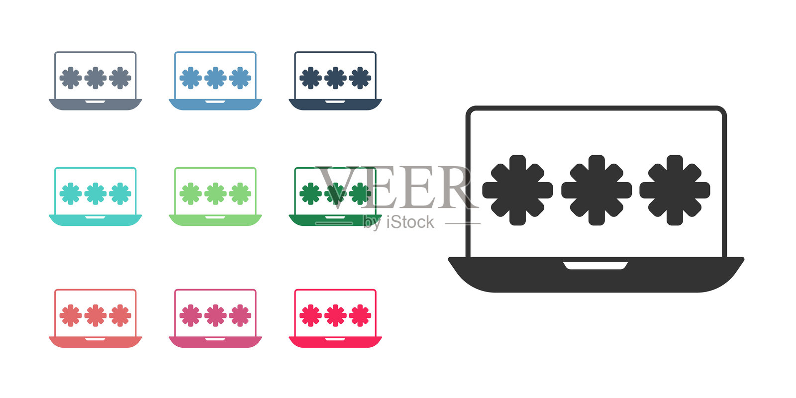 黑色笔记本电脑上有密码通知图标，背景为白色。安全性、个人访问、用户授权、登录表单。彩色图标集合。矢量图。插画图片素材