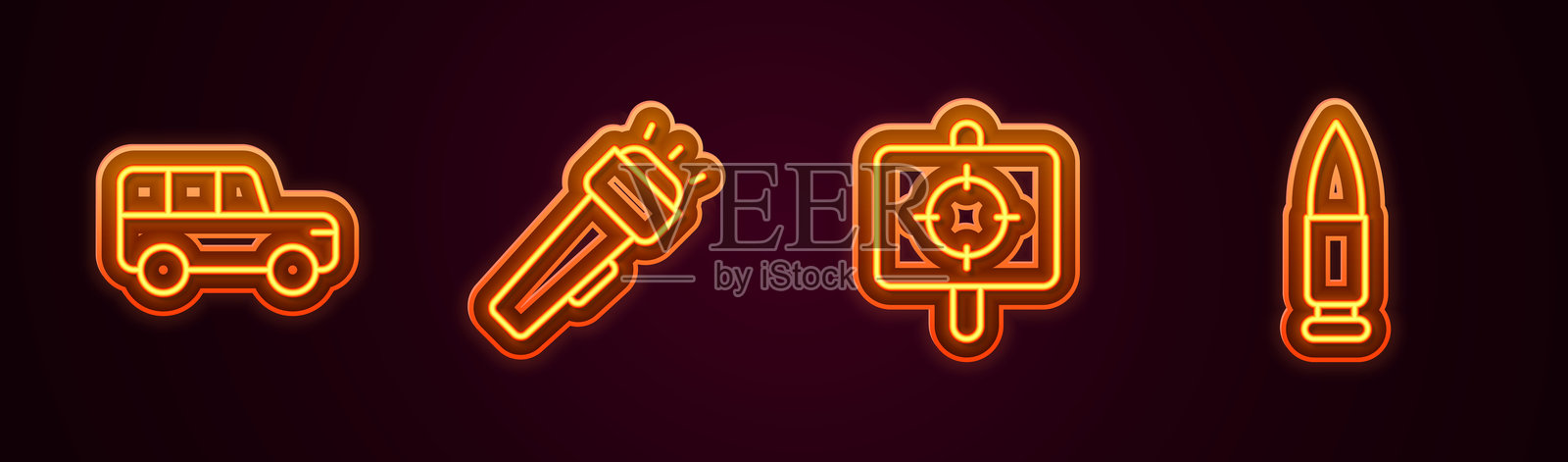 霓虹灯图标：越野车、手电筒、靶子运动和子弹。矢量图。插画图片素材