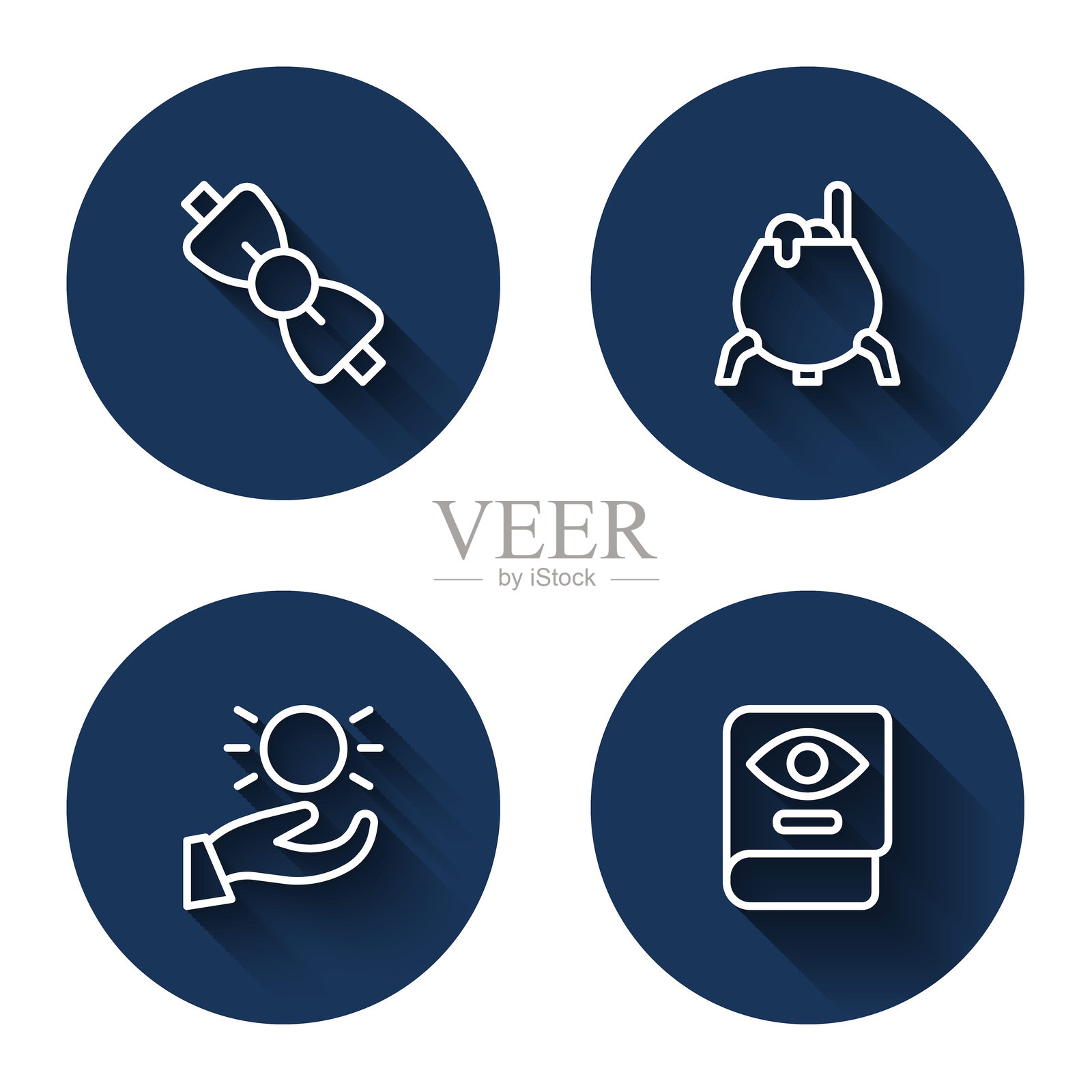 领结、女巫的锅、悬浮在手上的球和带长影子的古老魔法书。蓝色圆形按钮。矢量图。插画图片素材