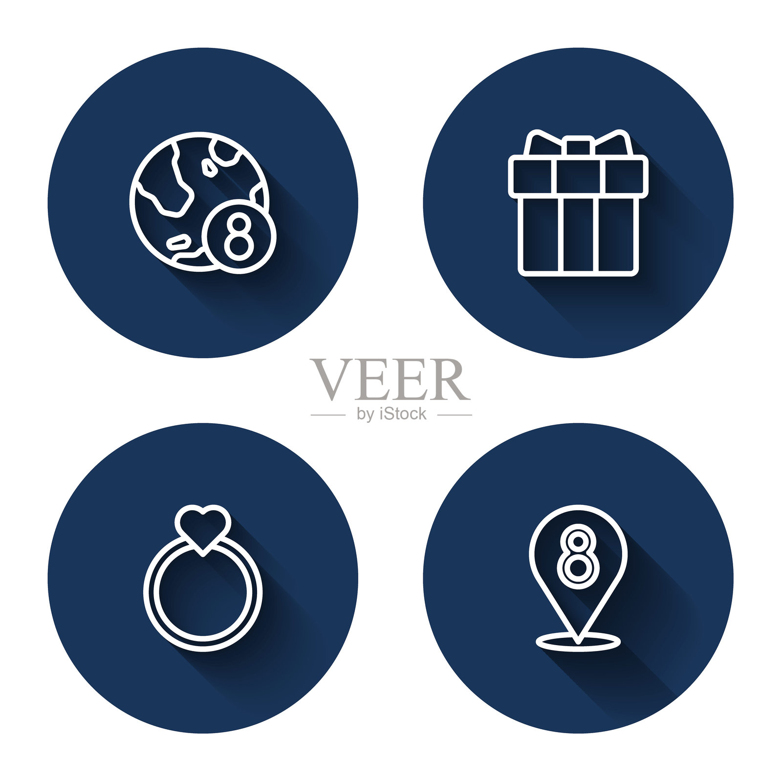 国际妇女节，礼品盒和心形，钻石订婚戒指与3月8日，长阴影。蓝色圆形按钮。矢量图。插画图片素材