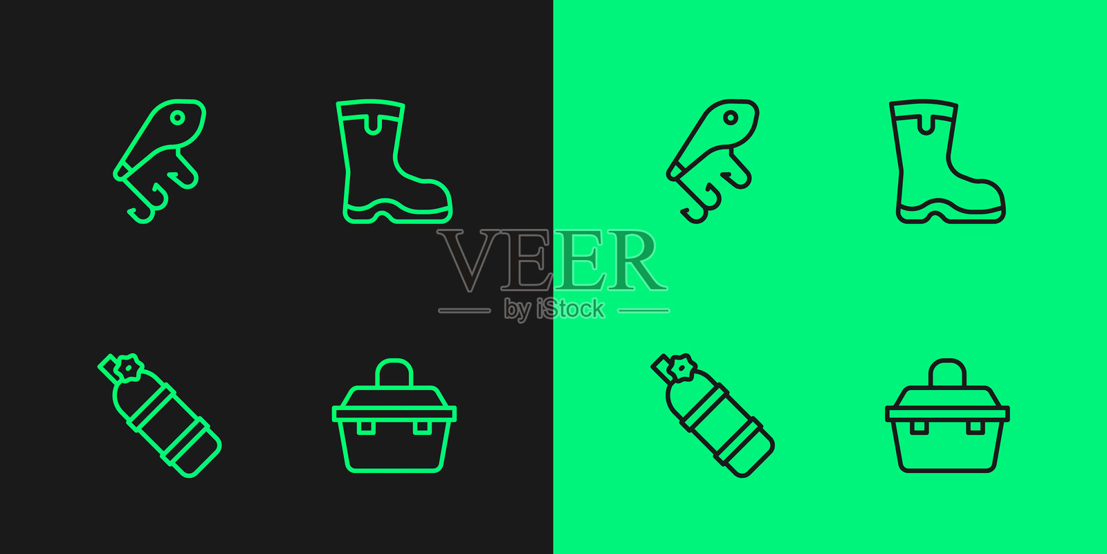 钓鱼设备的线框图标，包括水肺、钓鱼饵和靴子。矢量图。插画图片素材