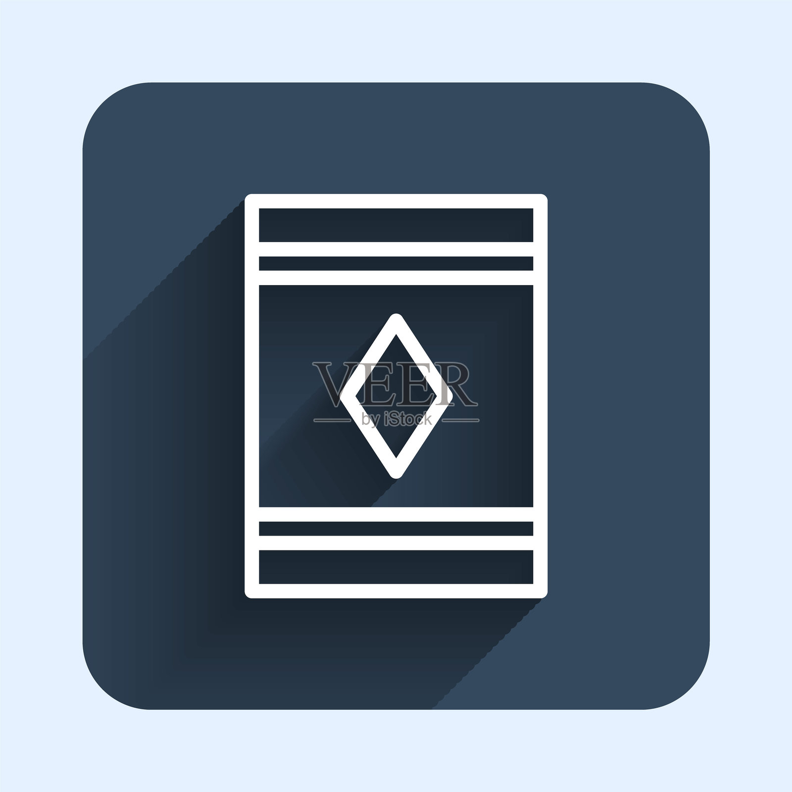 白色线条魔法地毯图标，带有长阴影背景。蓝色方形按钮。矢量图。插画图片素材