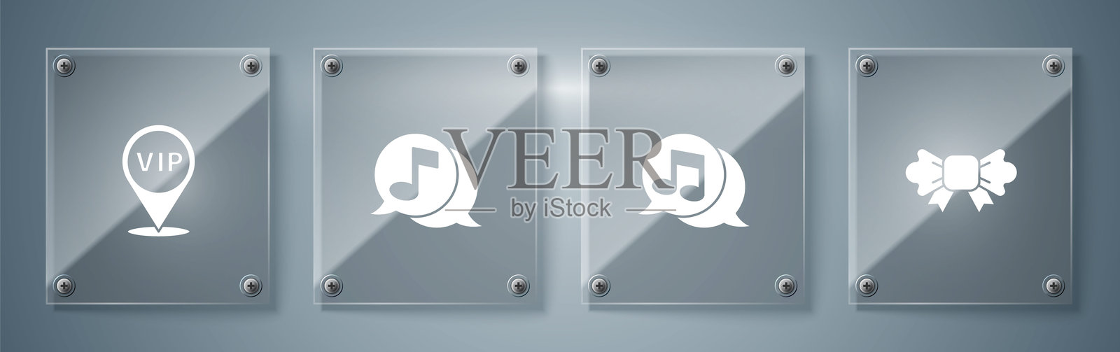 蝴蝶结、音乐音符在对话气泡中，以及VIP位置。方形玻璃面板。矢量图。插画图片素材