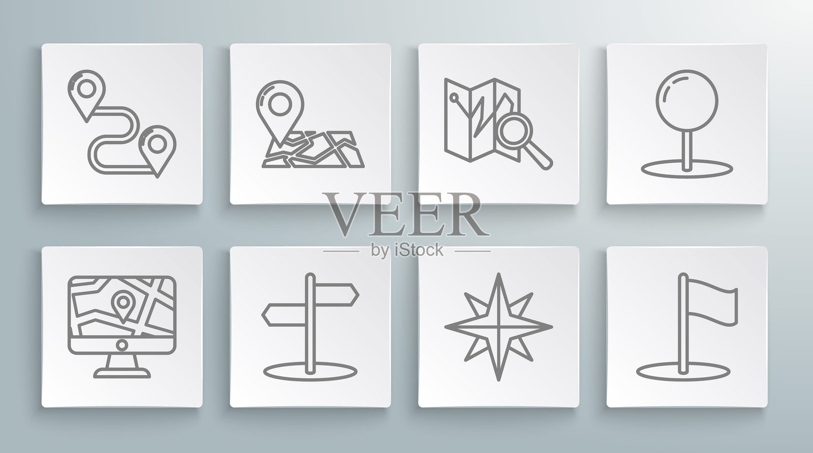 设置线路监视器和带位置的折叠地图，折叠标记，交通标志，风向玫瑰，旗帜，图钉和路线图标。矢量图。插画图片素材