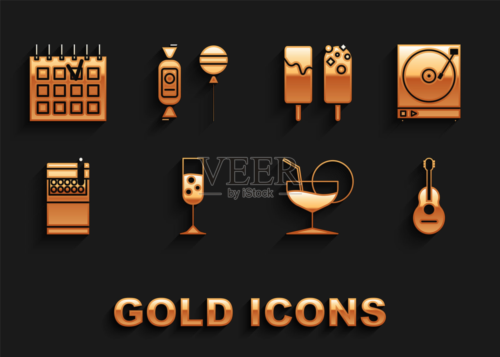 香槟酒杯、黑胶唱片播放器与黑胶唱片、吉他、马提尼酒杯、打开的香烟盒、冰淇淋、详细日历和棒棒糖图标。矢量图。插画图片素材