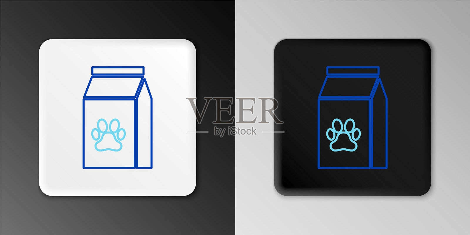 宠物食品袋图标，背景为灰色。动物食品。宠物食品包装。狗或猫的爪印。彩色轮廓概念。矢量图。插画图片素材