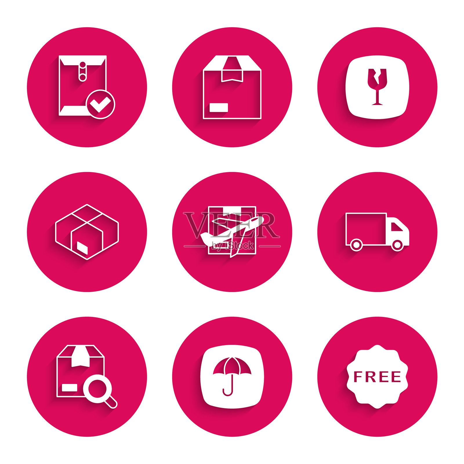 飞机和纸箱，带伞的快递包裹，米标签免费，货车，搜索，纸箱，易碎破碎玻璃和带勾选标记的信封图标。矢量图。插画图片素材