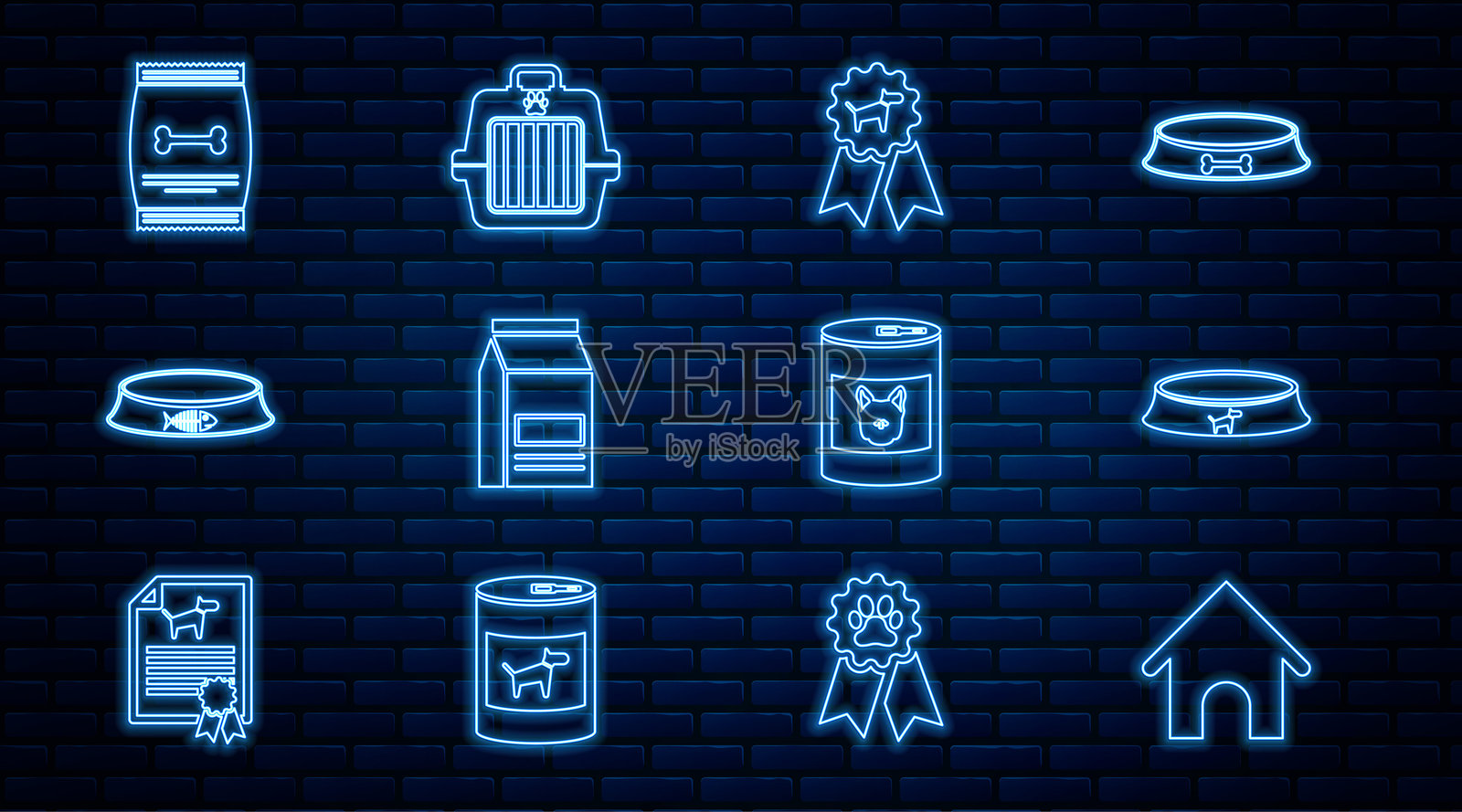 狗屋、宠物食碗、奖杯符号、宠物食品袋、罐装狗粮和携带箱图标。矢量图。插画图片素材