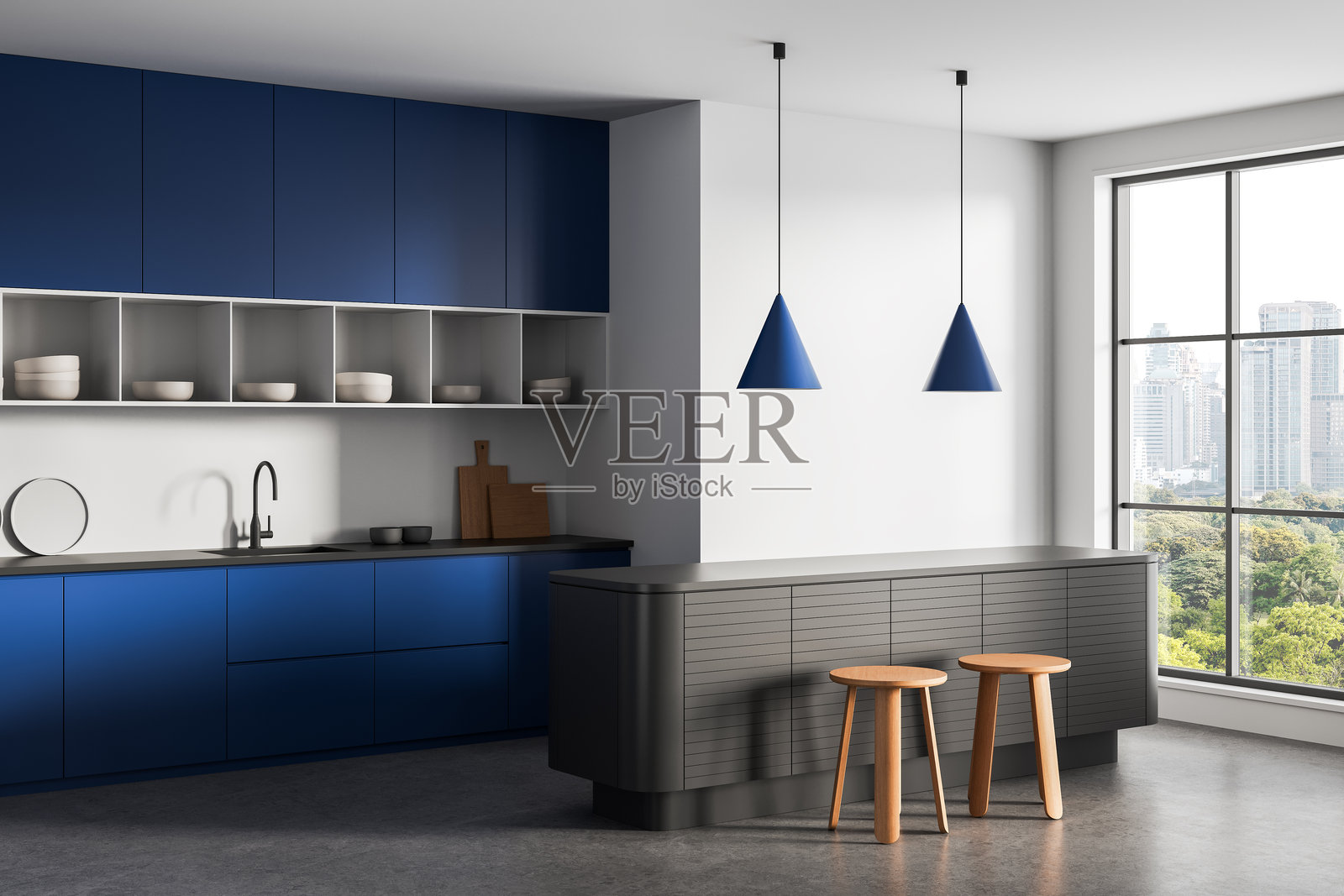 现代厨房室内设计，配有哑光蓝色橱柜、岛台和极简风格的凳子，设有大型城市景观窗户和吊灯。3D渲染图。照片摄影图片