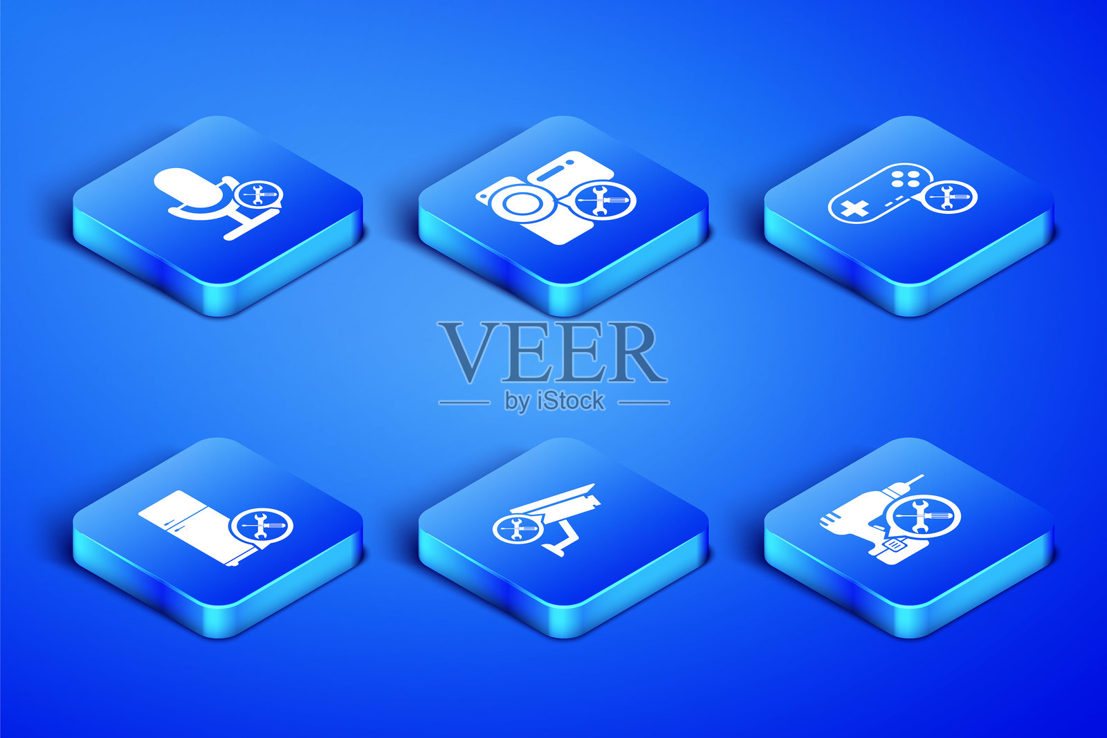 钻孔机服务、麦克风、监控摄像头、冰箱、视频和游戏手柄图标。矢量图。插画图片素材