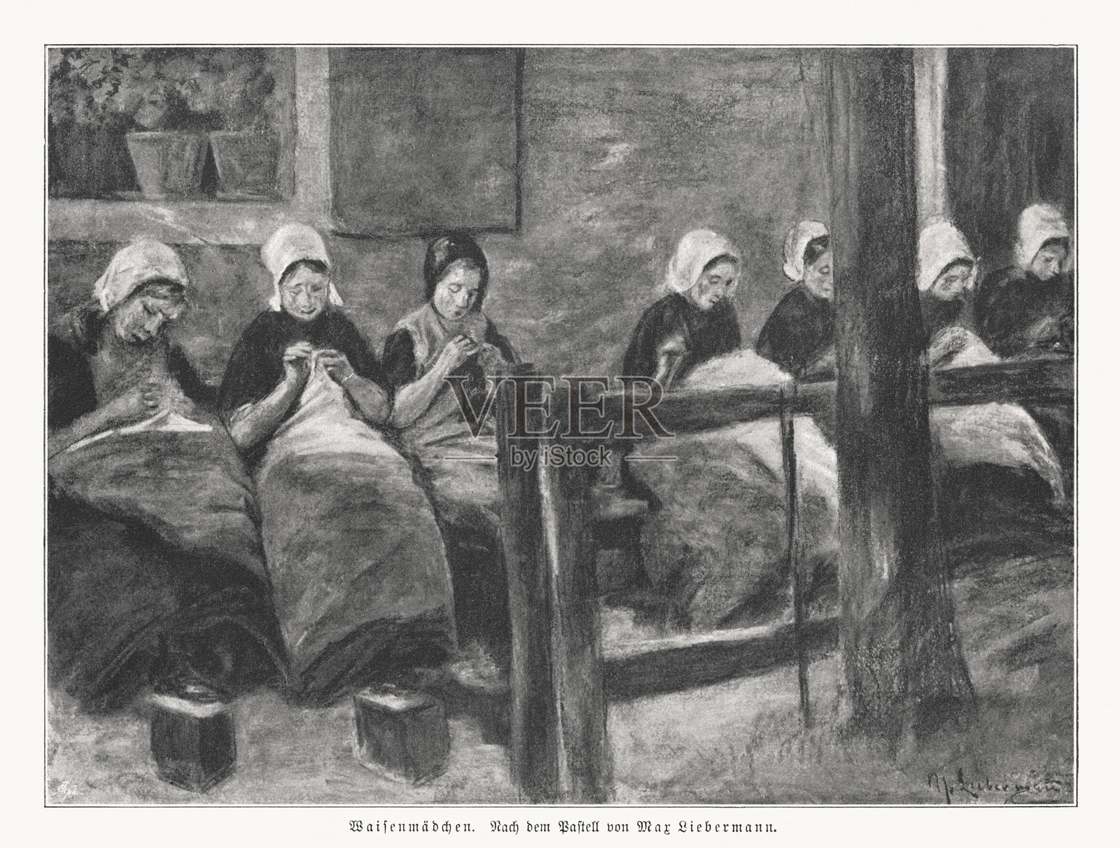 孤儿女孩，马克斯·利伯曼绘制，半色调印刷，出版于1897年插画图片素材