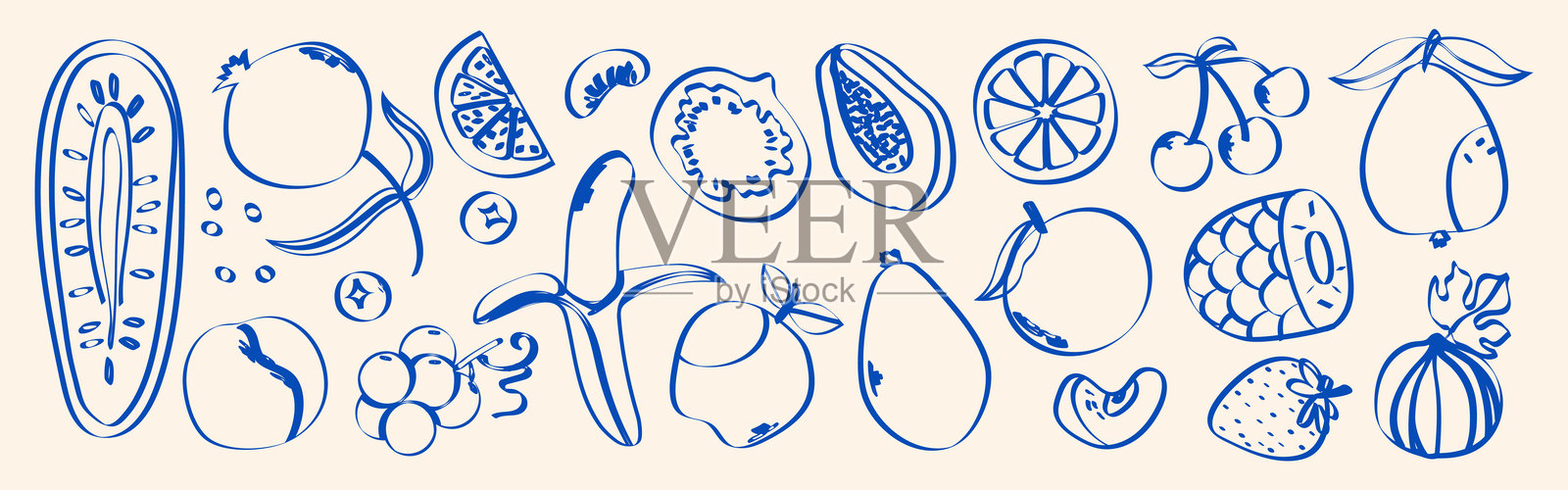 极简手绘水果套装。热带和园艺水果的矢量素描——菠萝、椰子、柑橘、香蕉、苹果、葡萄、柠檬、石榴、无花果、草莓。插画图片素材