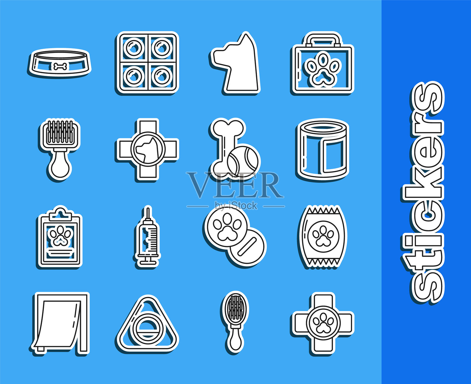 兽医诊所标志，宠物食品袋，罐头，猫，狗和猫的毛刷，宠物碗和玩具橡胶球图标。矢量图。插画图片素材