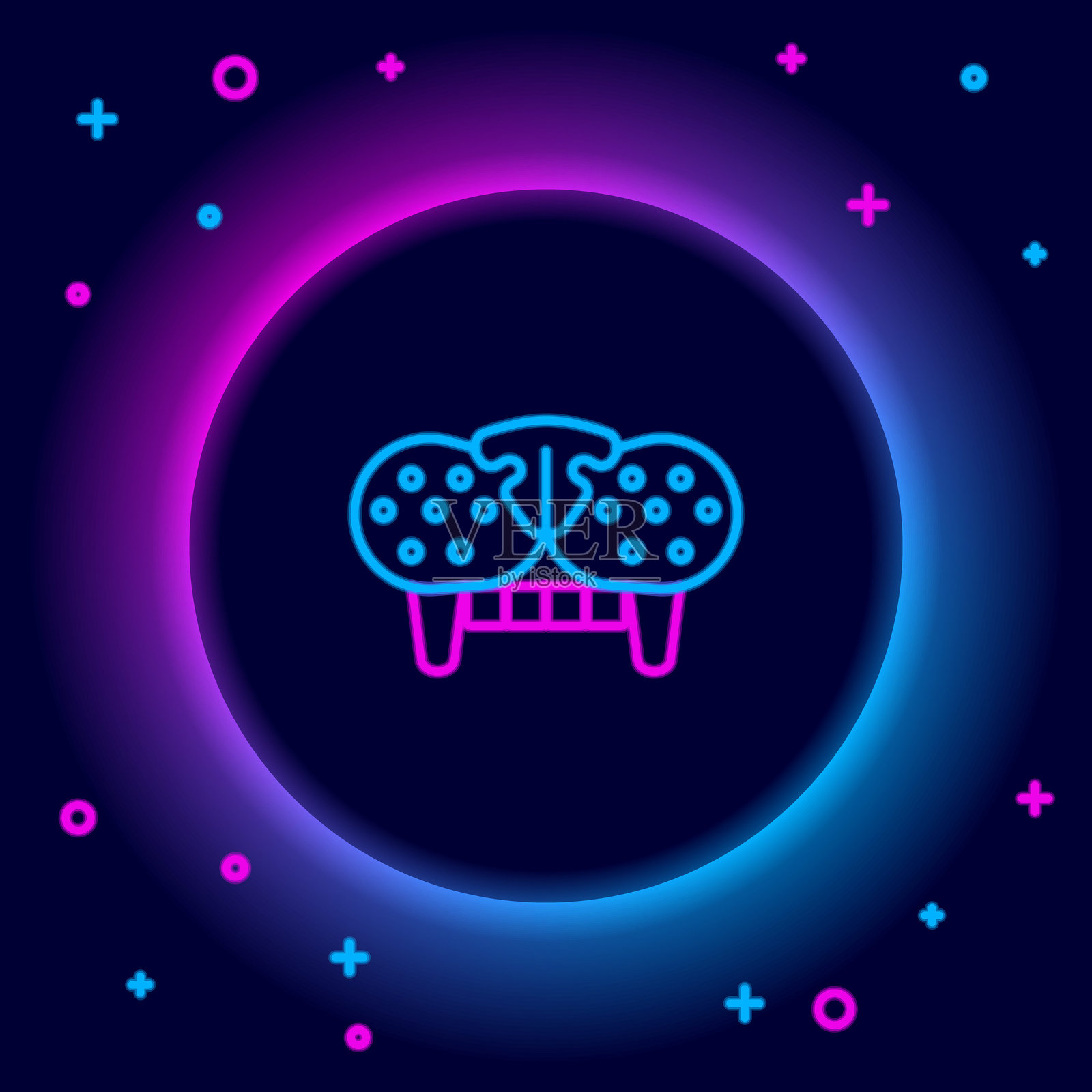 发光的霓虹线猫牙图标，背景为黑色。彩色轮廓概念。矢量图。插画图片素材