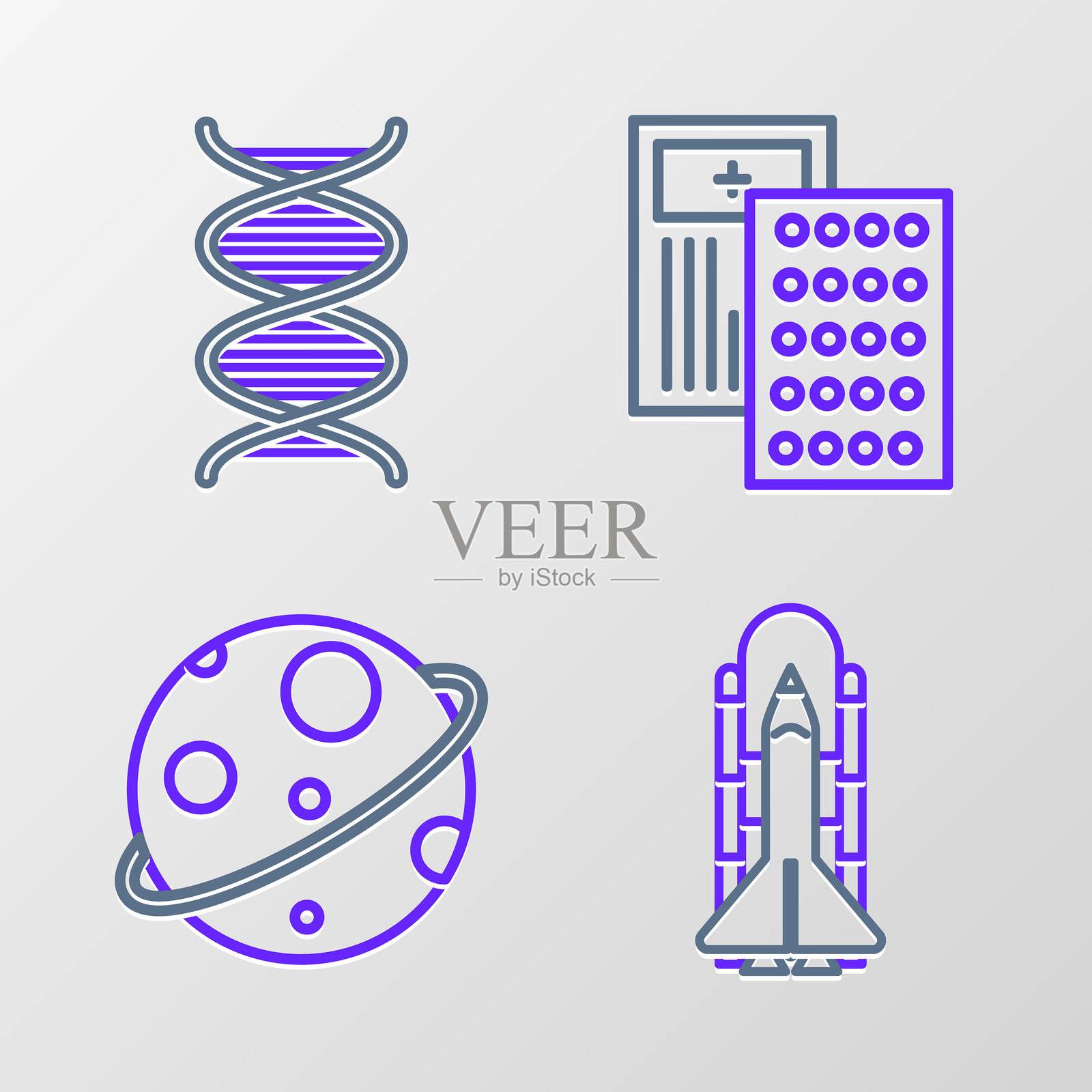 航天飞机和火箭，行星，药片泡罩包装和DNA符号图标。矢量图。插画图片素材