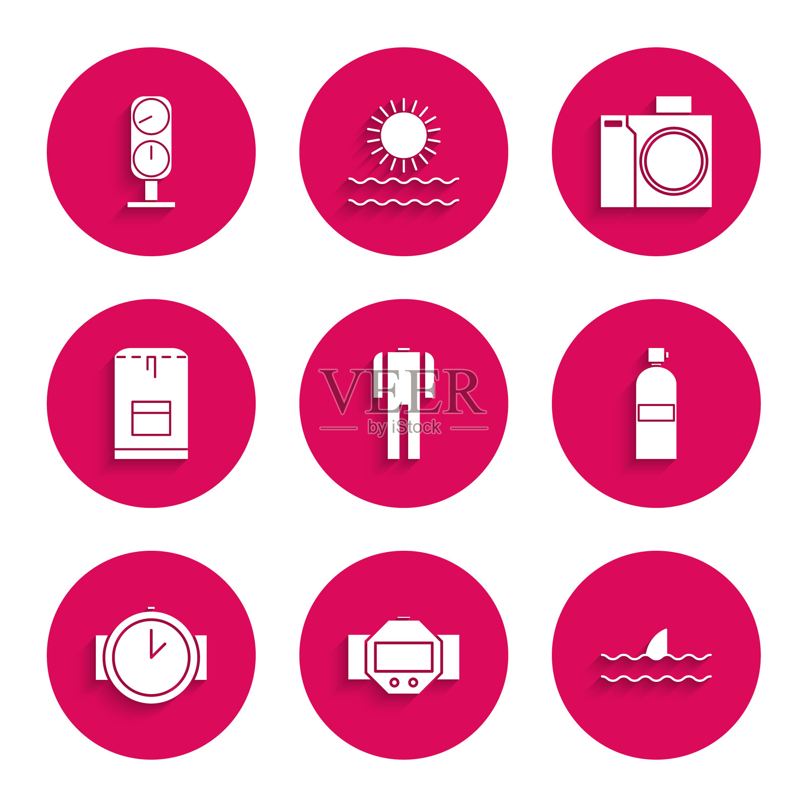 潜水用湿衣、潜水表、鲨鱼鳍海浪、氧气瓶、背包、摄影相机潜水员和仪表刻度图标。矢量图。插画图片素材