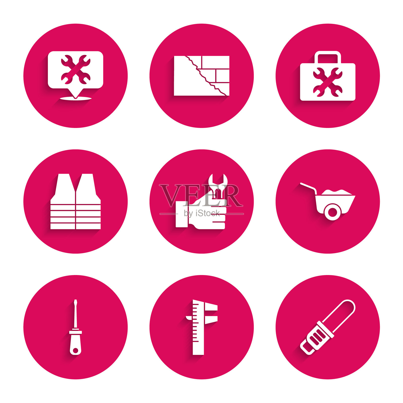 扳手、卡尺、卷尺、链锯、手推车、螺丝刀、安全背心、工具箱和带扳手图标的位置。矢量图。插画图片素材