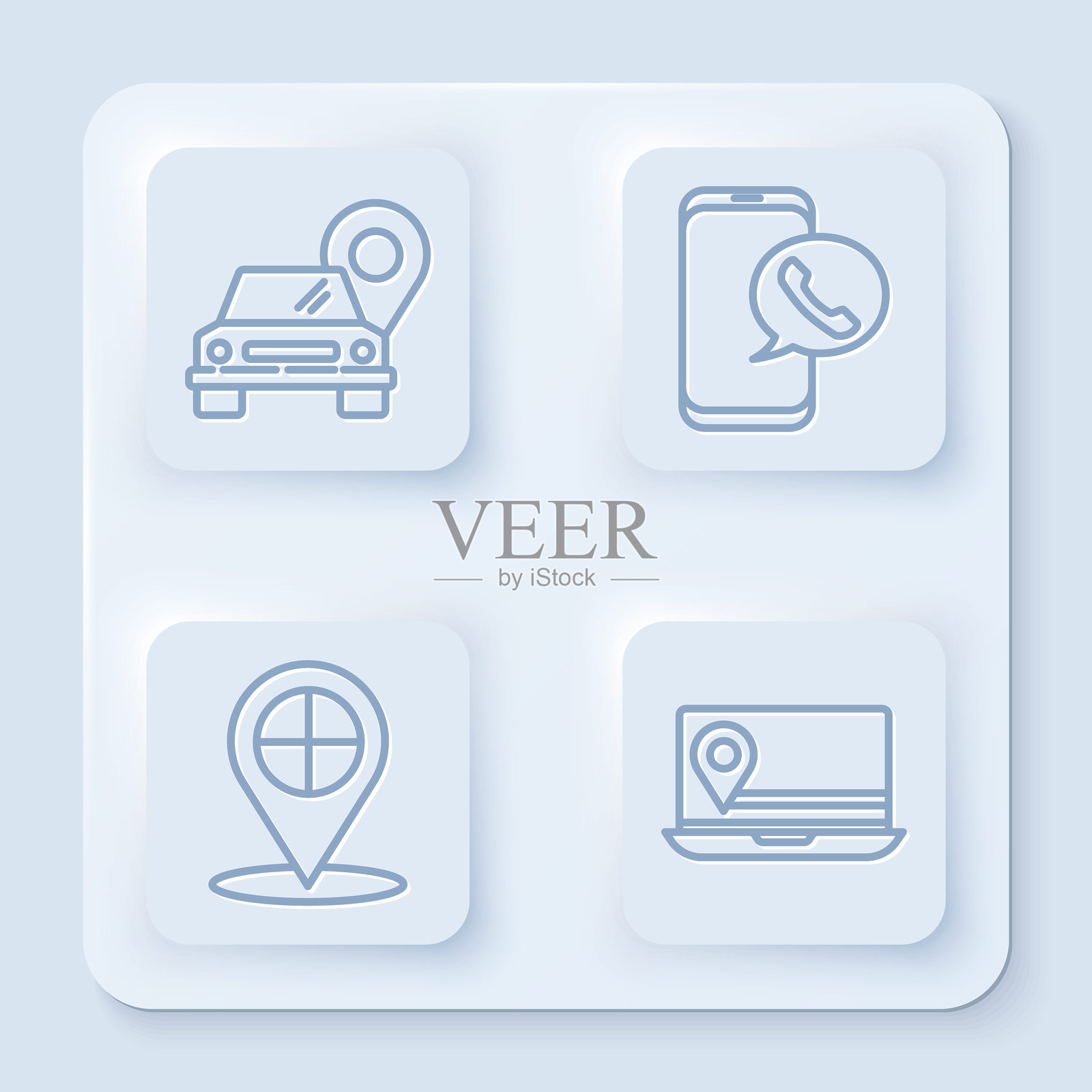 设置带出租车的地图指针，出租车呼叫电话服务，带出租车和带位置标记的笔记本电脑的地图指针。白色方形按钮。矢量图。插画图片素材