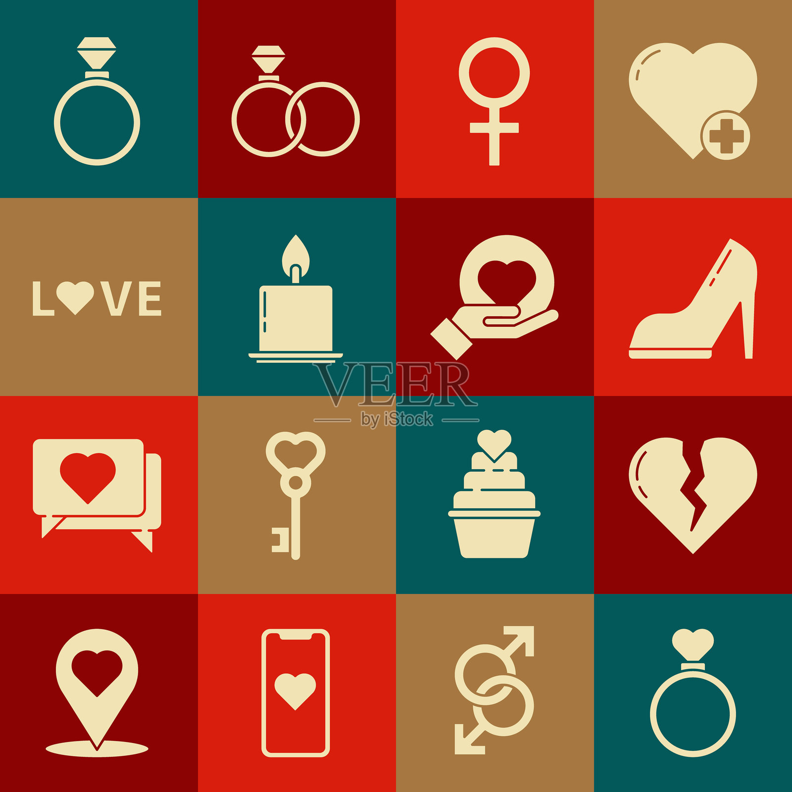 婚戒、破碎的心或离婚、高跟鞋、女性性别符号、燃烧的蜡烛、爱字和手心上的心形图标。矢量图。插画图片素材