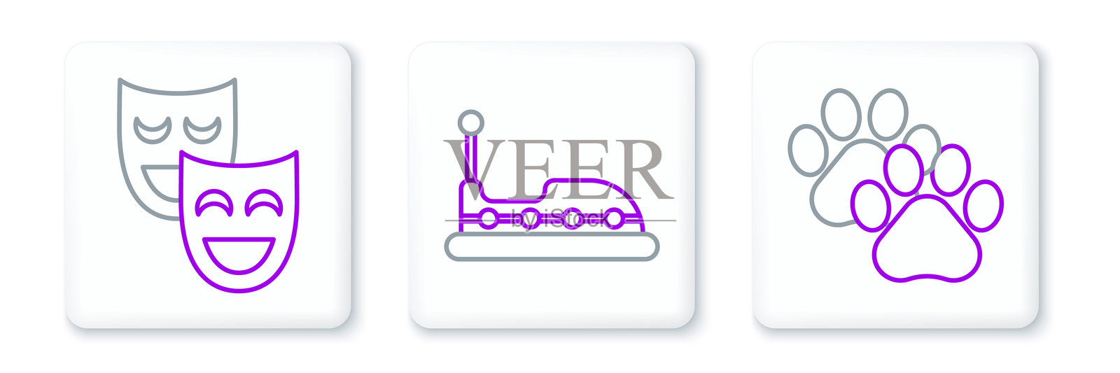 设置线条爪印、喜剧戏剧面具和碰碰车图标。矢量图。插画图片素材