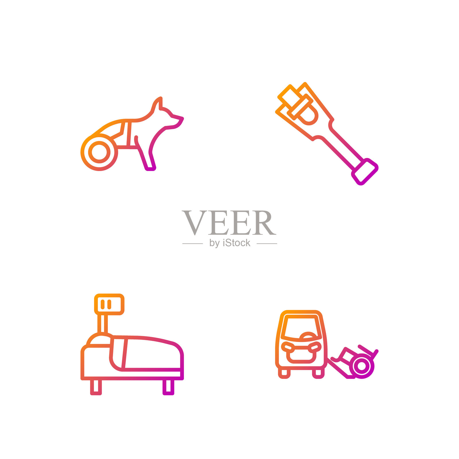 禁用汽车、医院病床、轮椅狗和假肢腿。渐变色图标。矢量图。插画图片素材