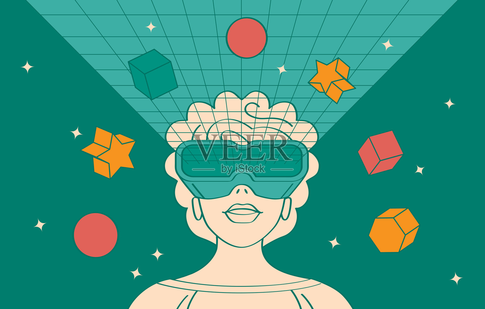 女性特写佩戴虚拟现实眼镜，置身于绿色线框房间，采用轮廓风格。插画图片素材