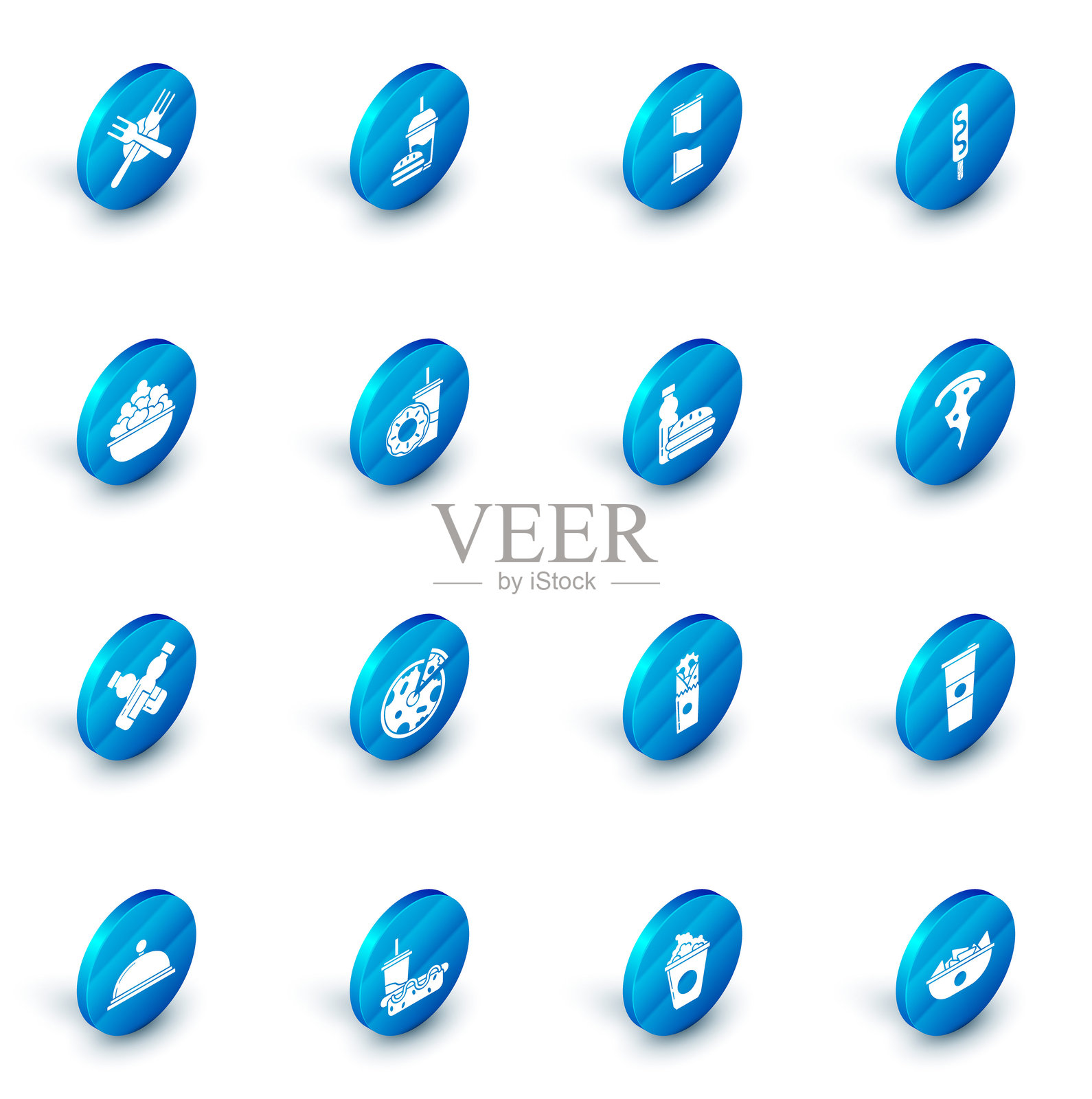 纸杯、饮用吸管和汉堡、汽水罐、冰淇淋、爆米花碗、交叉的水瓶、甜甜圈、披萨片和瓶子图标。矢量图。插画图片素材