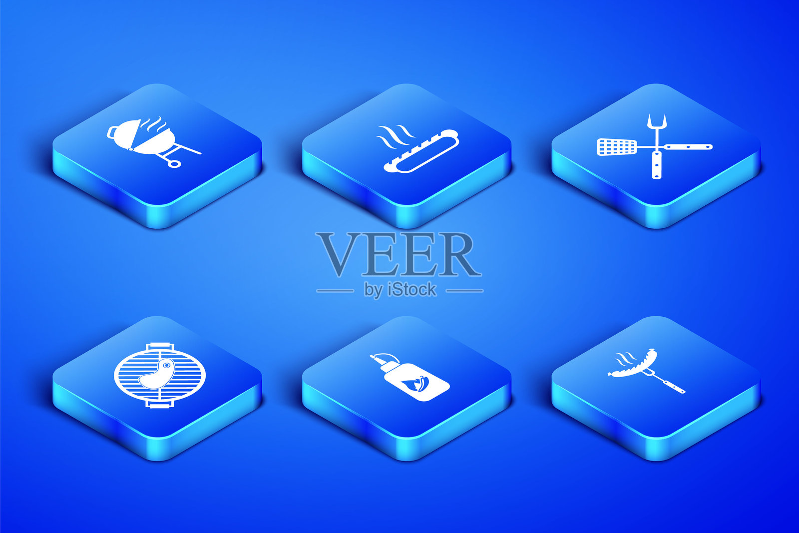 叉子上的香肠，烧烤架，番茄酱瓶，牛排，热狗三明治和交叉的铲子图标。矢量图。插画图片素材