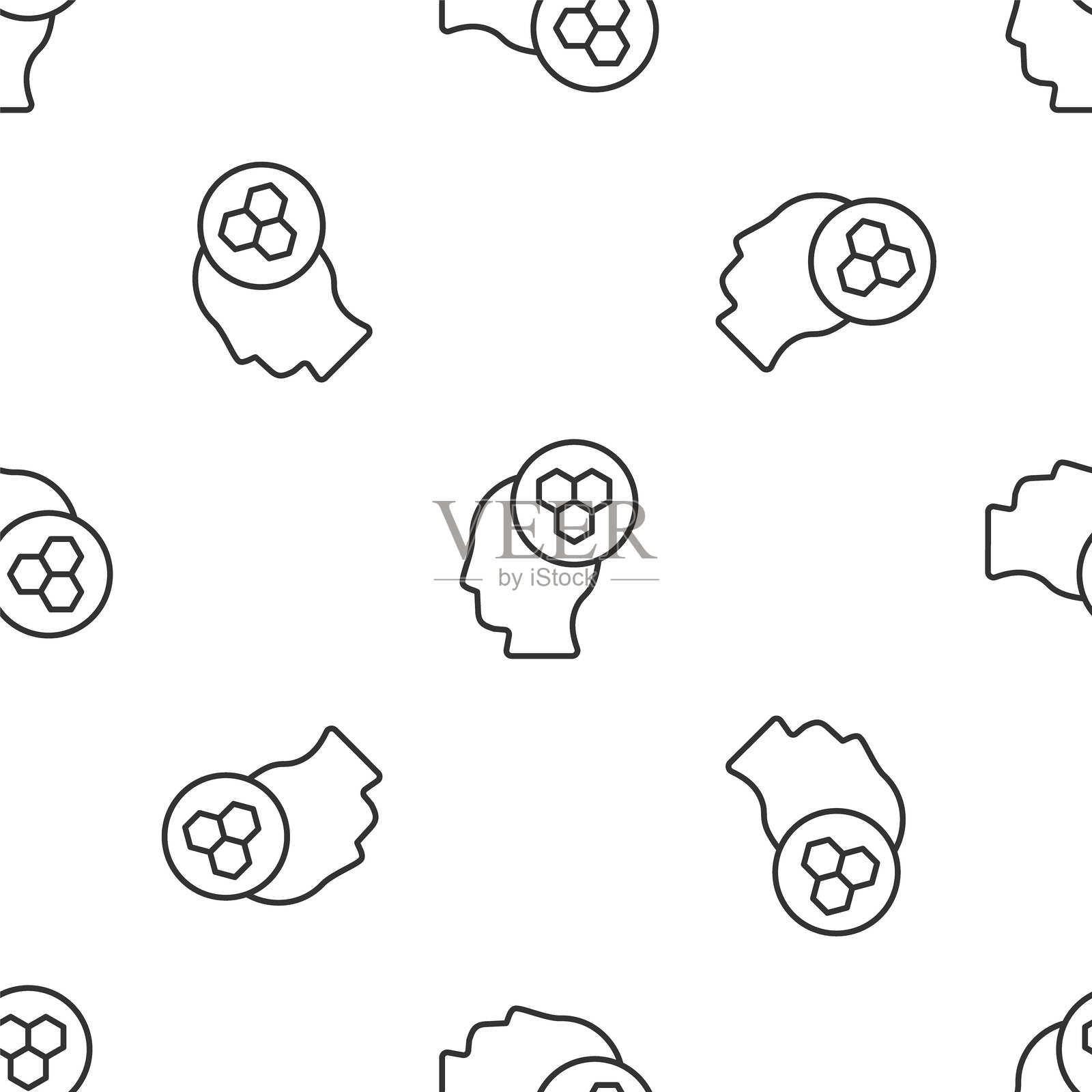 灰色线条养蜂人图标在白色背景上的无缝图案。特殊防护服。矢量图。插画图片素材