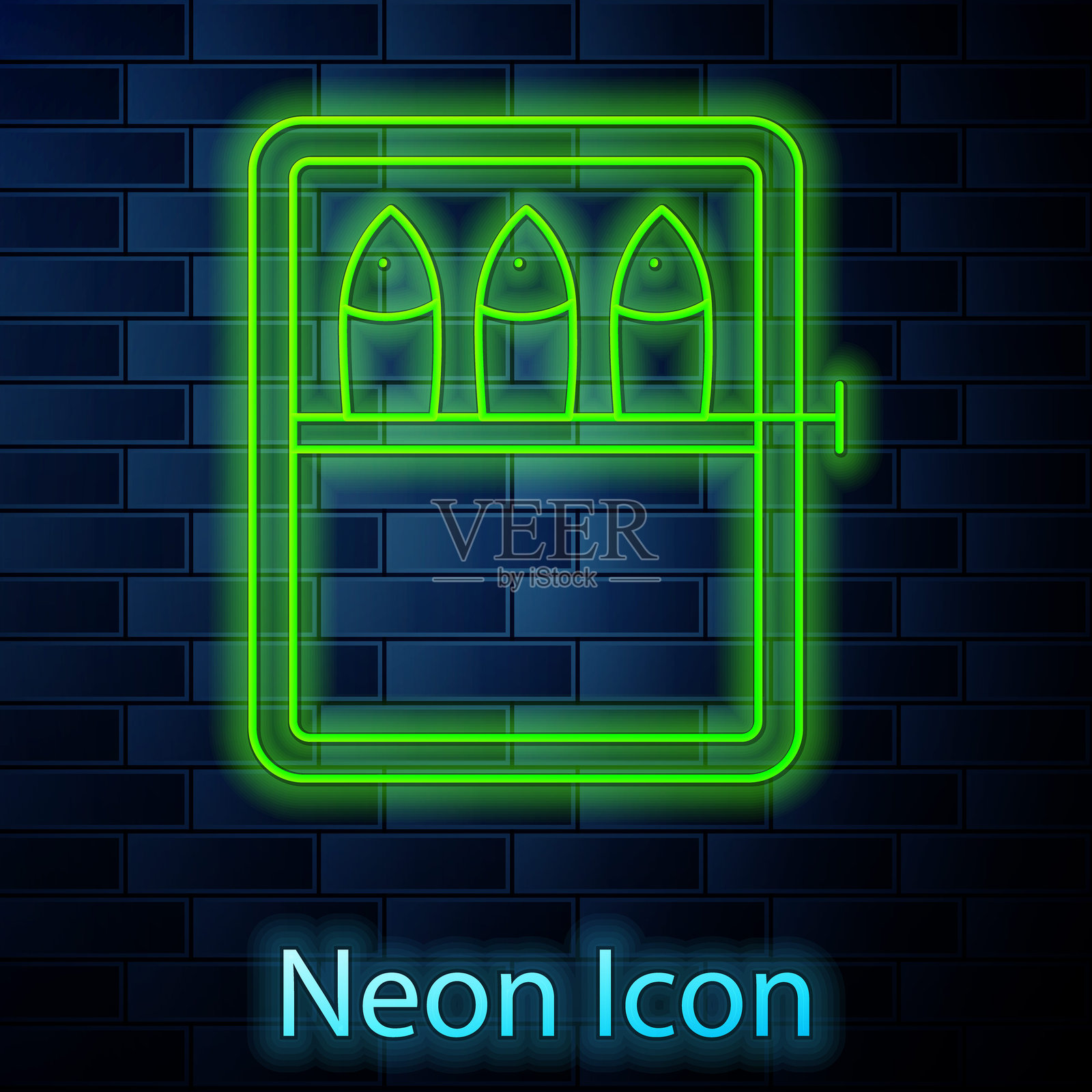 发光的霓虹线罐装鱼图标，背景为砖墙。插画图片素材