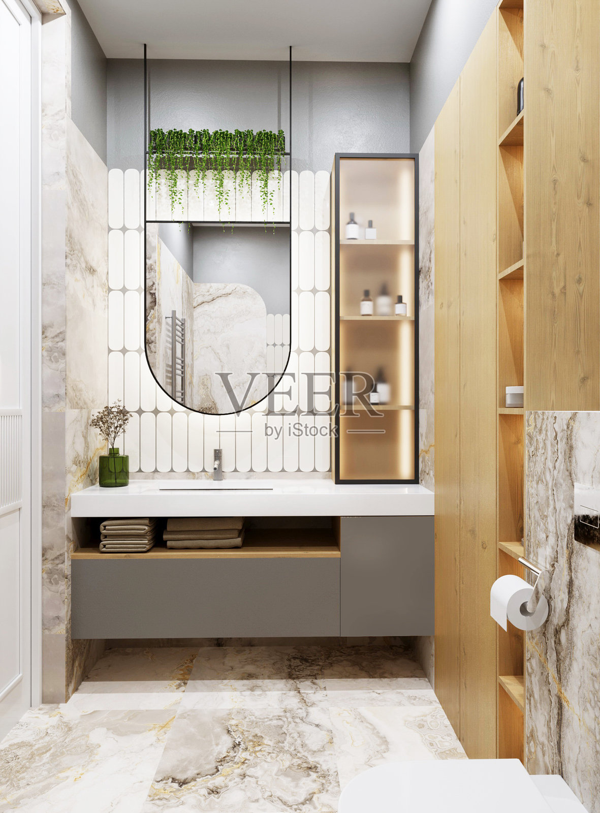 现代浴室室内设计的3D渲染图，配有带水槽的梳妆台和金属框架的镜子。照片摄影图片