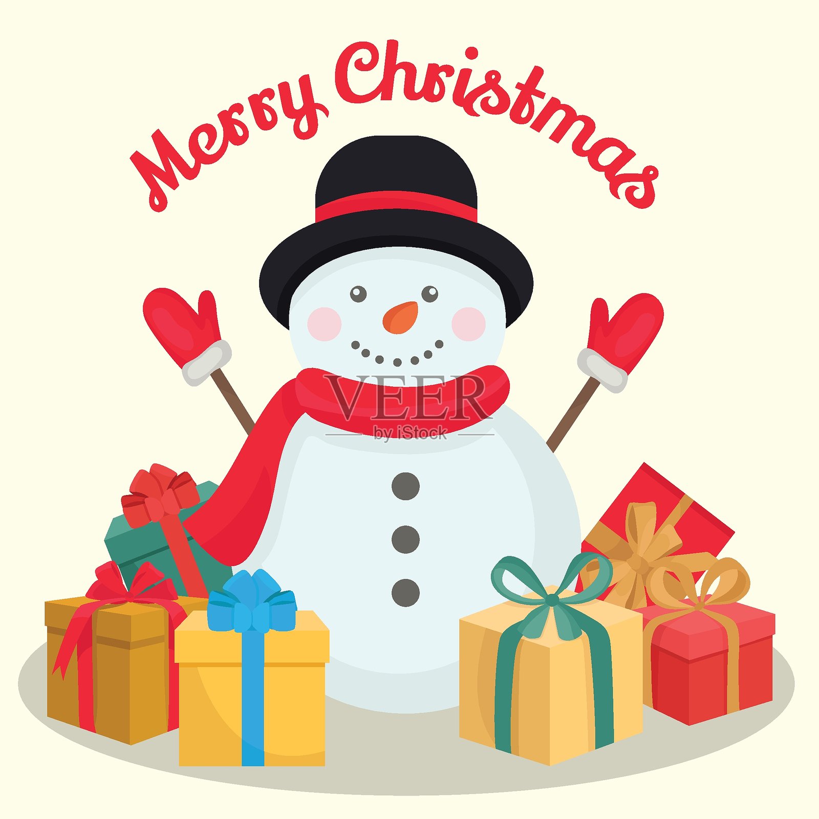 圣诞贺卡 雪人和来自圣诞老人的五彩礼物 冬季假期插画图片素材