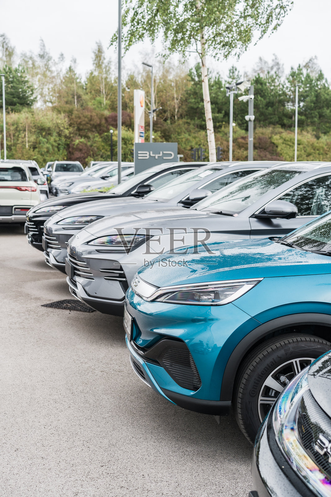 一排比亚迪汽车在展厅前院展示。照片摄影图片