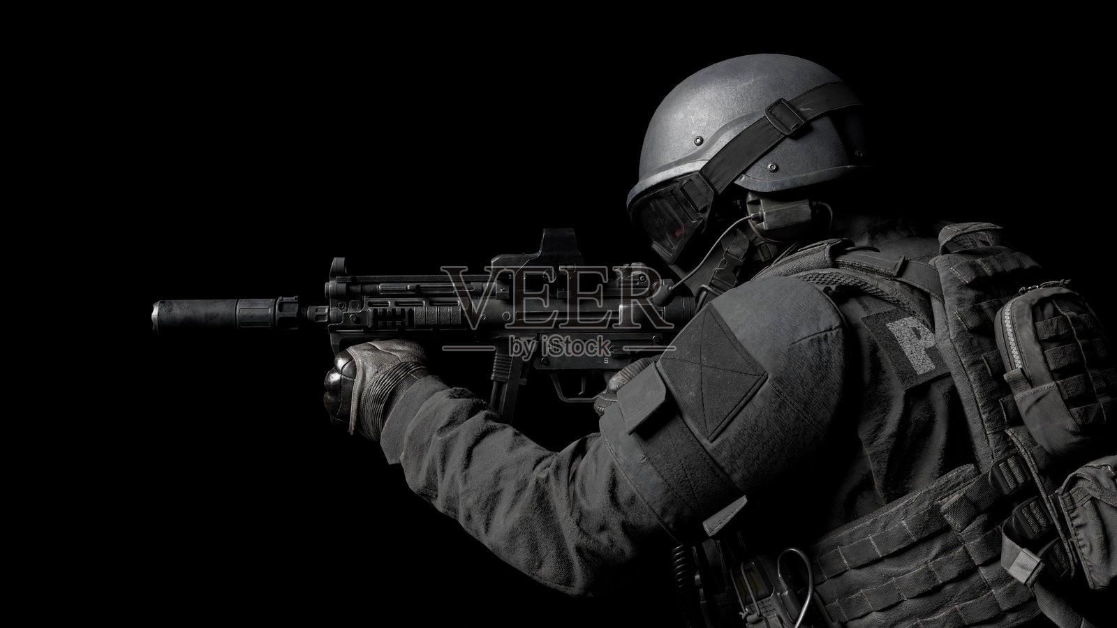 士兵在黑暗环境中摆出战术姿势，手持火器，展现出战斗准备状态。场景突显了士兵对训练的奉献精神和对任务的准备。3D渲染图。照片摄影图片