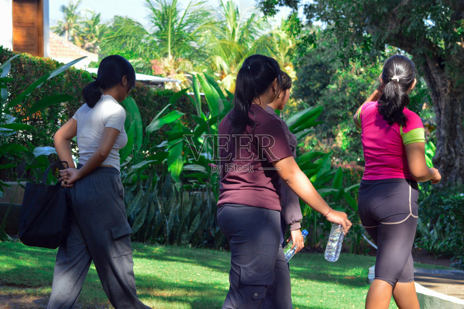 四个女孩在公园里走着，观察植物照片摄影图片