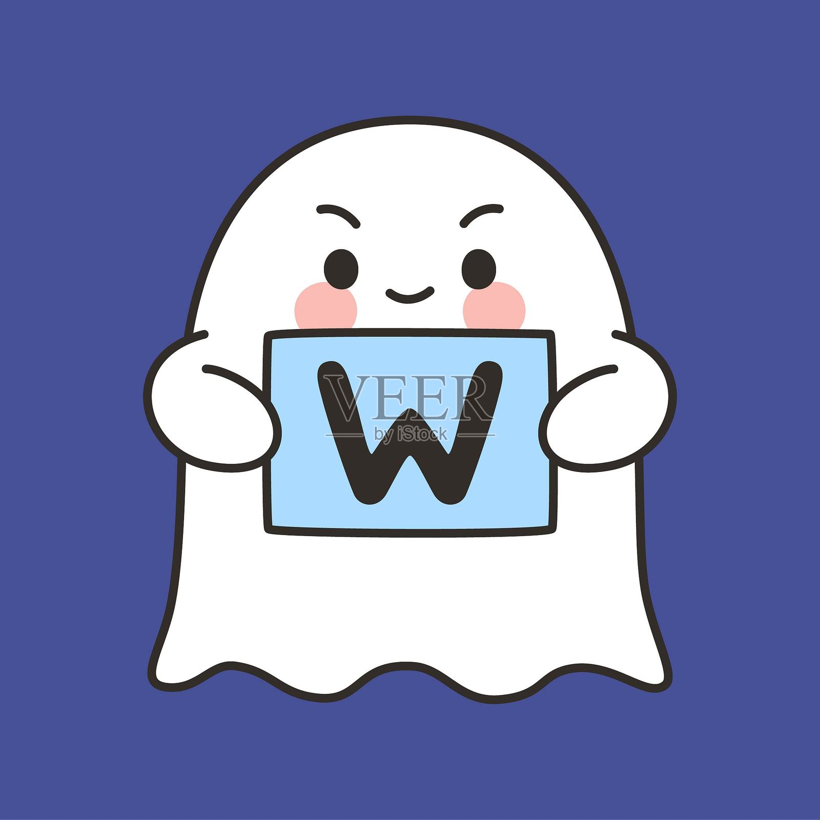 可爱的鬼魂表情符号，做出胜利手势，背景为蓝色插画图片素材