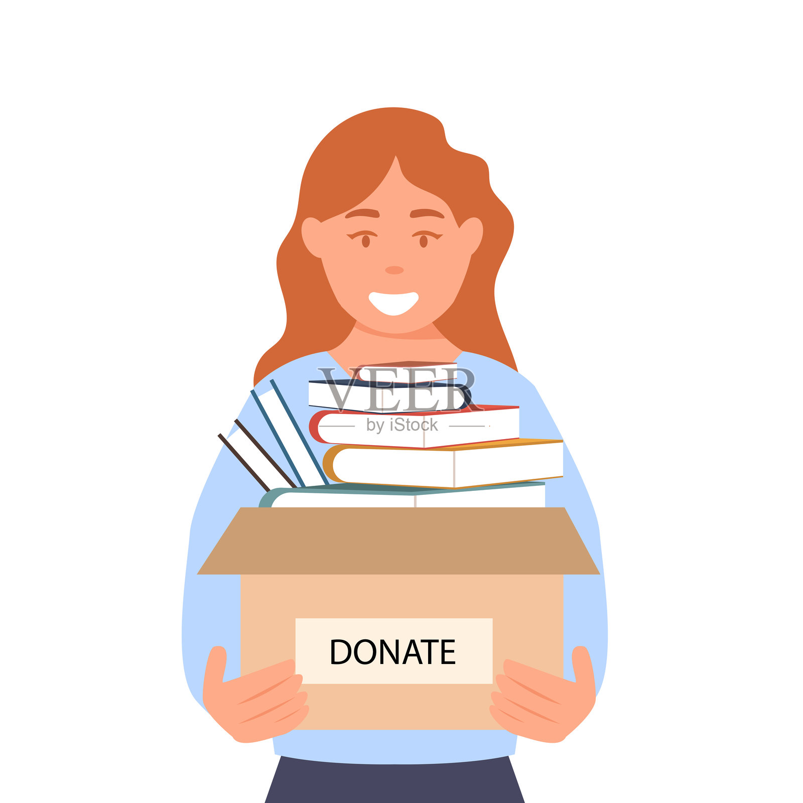 女孩们手持装有书籍的捐赠箱。矢量插图插画图片素材