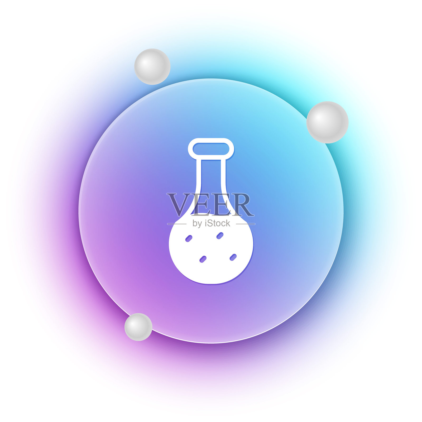 白色试管和烧瓶化学实验室测试图标，背景为蓝紫渐变圆形。实验室玻璃器皿标志。插画图片素材