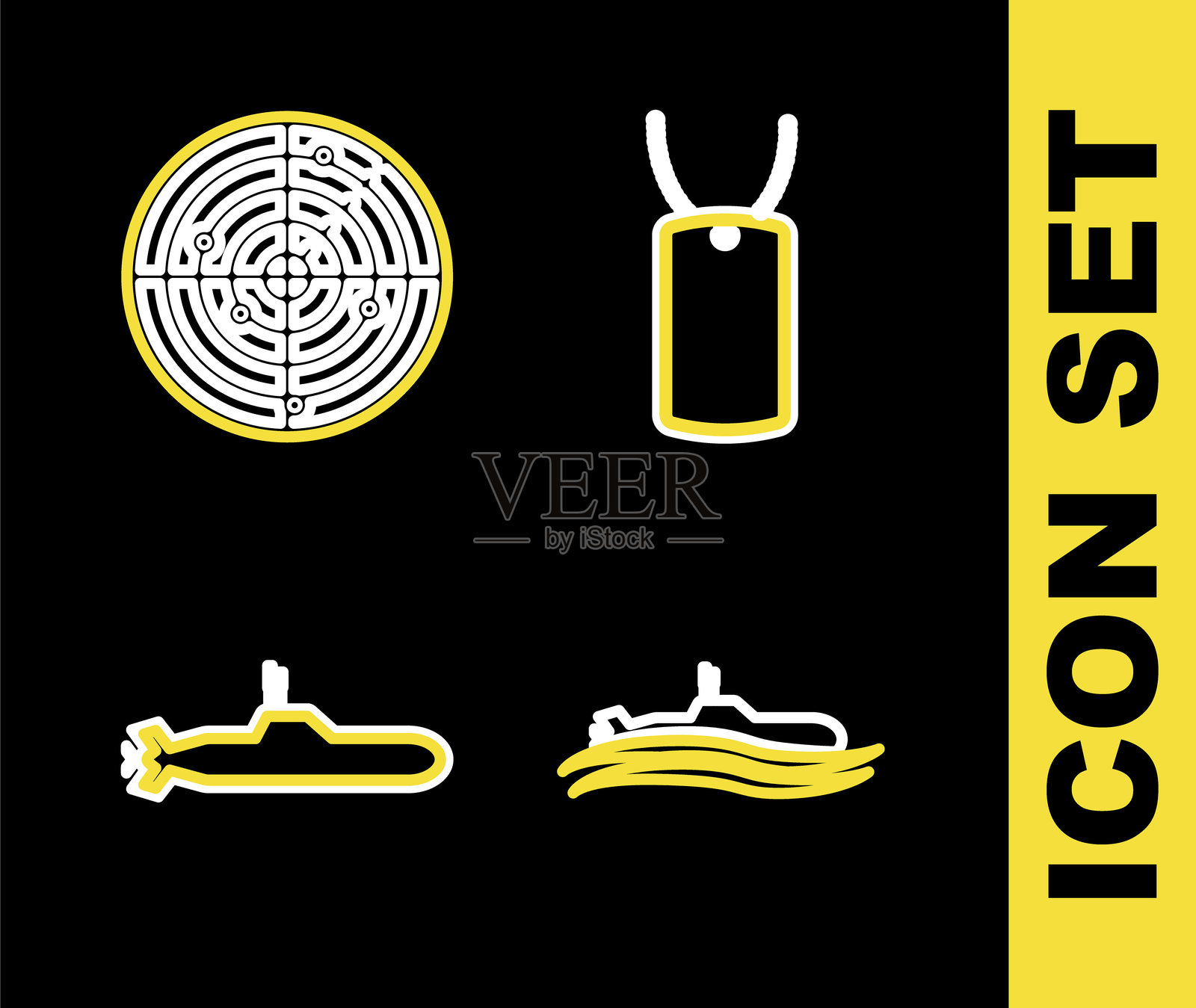 军用狗牌、潜艇和带目标图标的雷达。矢量图。插画图片素材