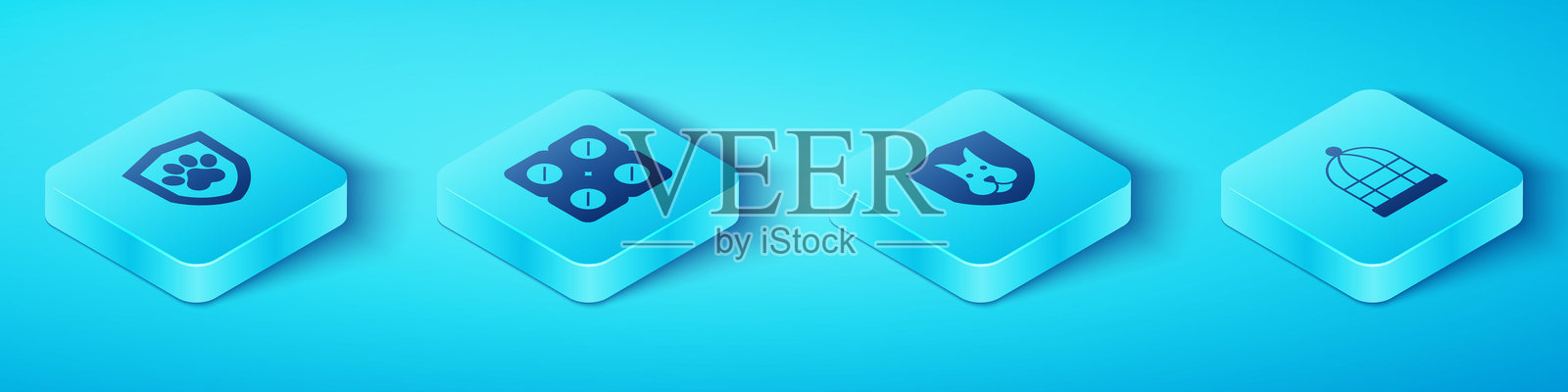 等距动物健康保险，狗药丸，鸟笼和图标。矢量图。插画图片素材