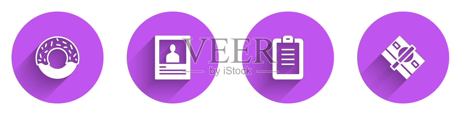 甜甜圈、通缉海报、警察报告和带长阴影的纸币图标。矢量图。插画图片素材