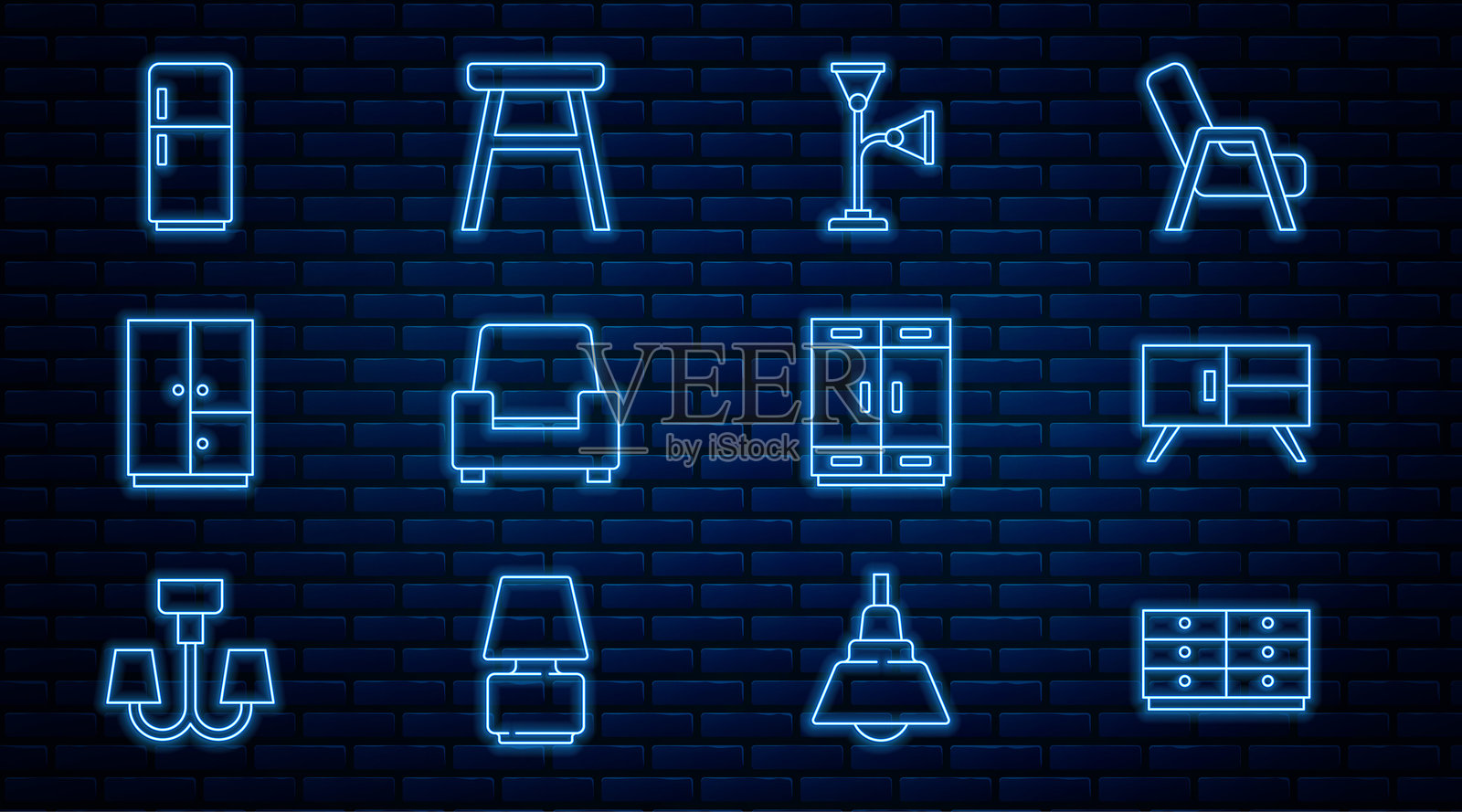 设置线条风格的抽屉柜、落地灯、扶手椅、衣柜、冰箱和椅子图标。矢量图。插画图片素材