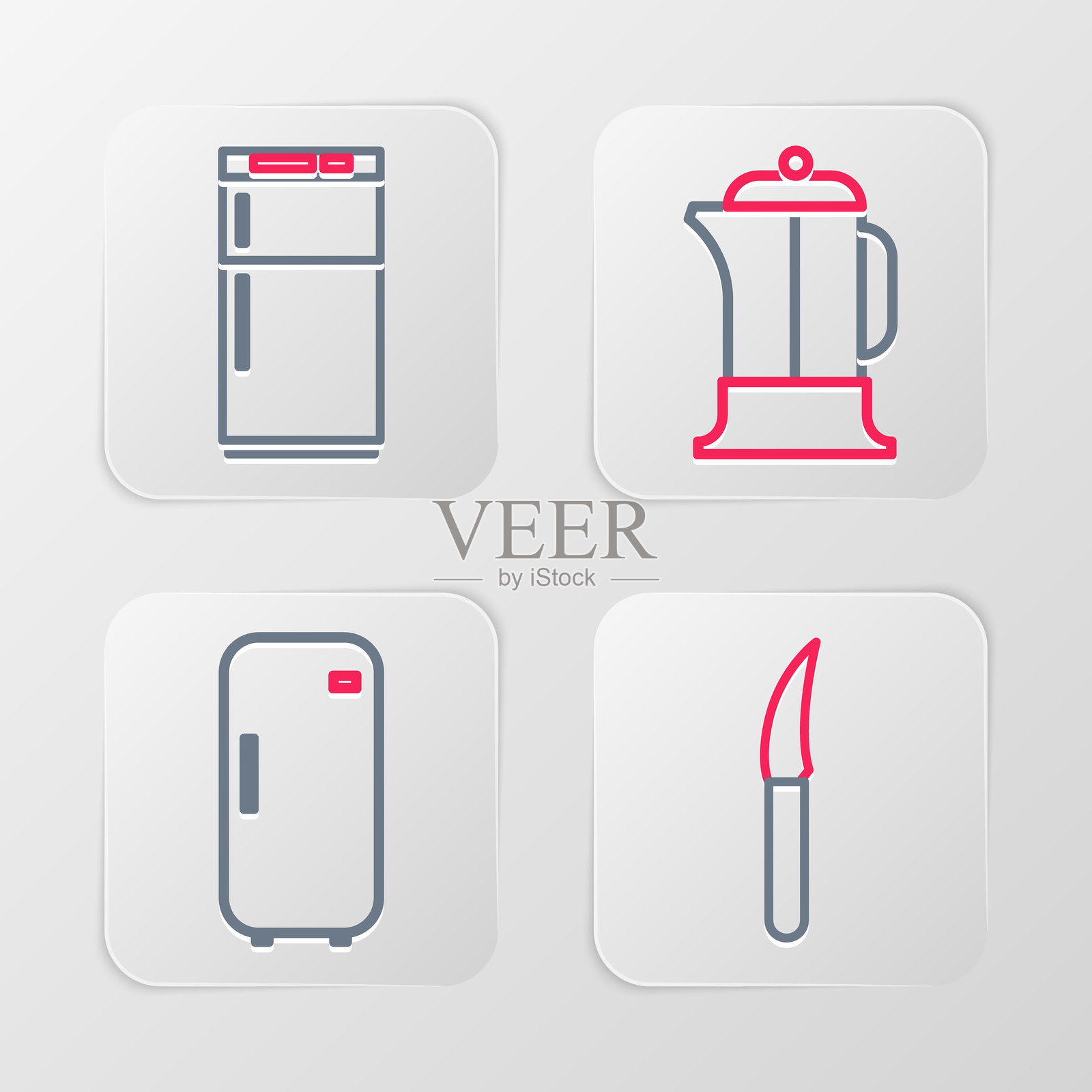 刀具、冰箱、法式压滤壶和图标。矢量图。插画图片素材